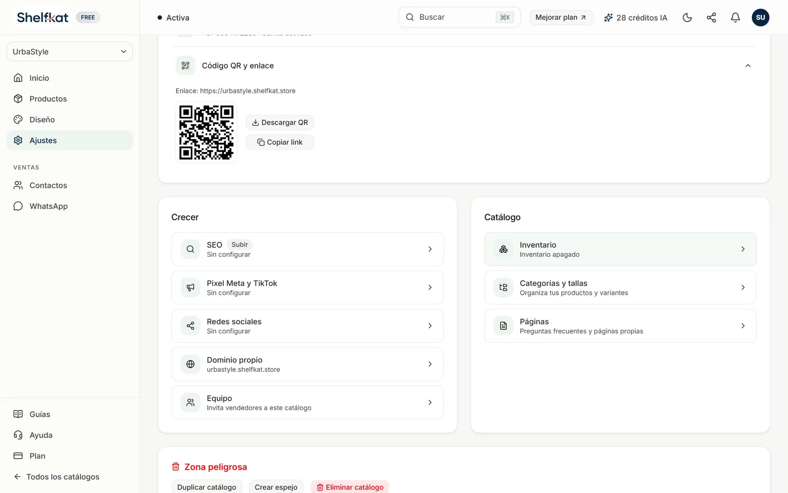 Sección Código QR y enlace con el código QR y los botones Descargar QR y Copiar link