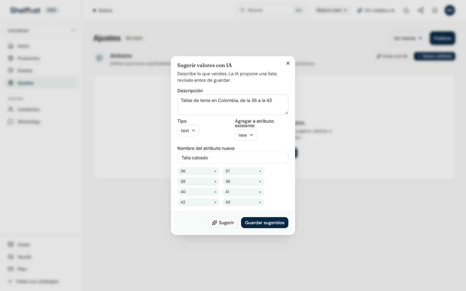 Ventana Sugerir valores con IA con las tallas propuestas