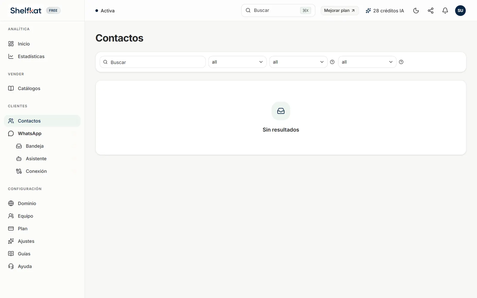 Página Contactos con el buscador y los filtros