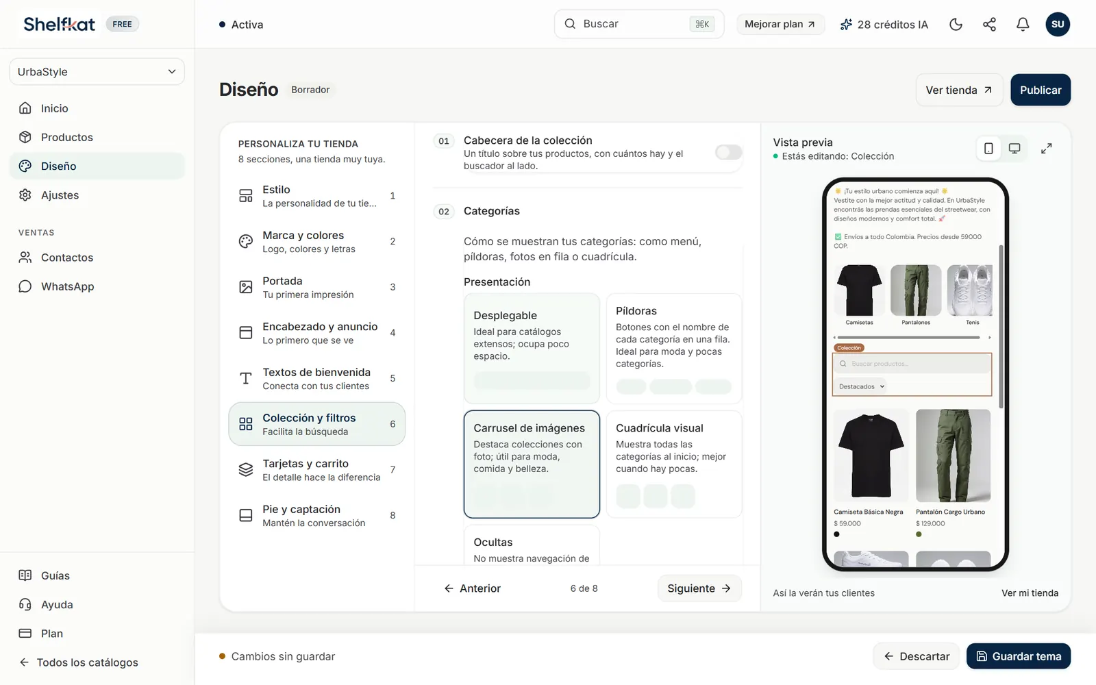 Paso Colección y filtros con la presentación de categorías Carrusel de imágenes