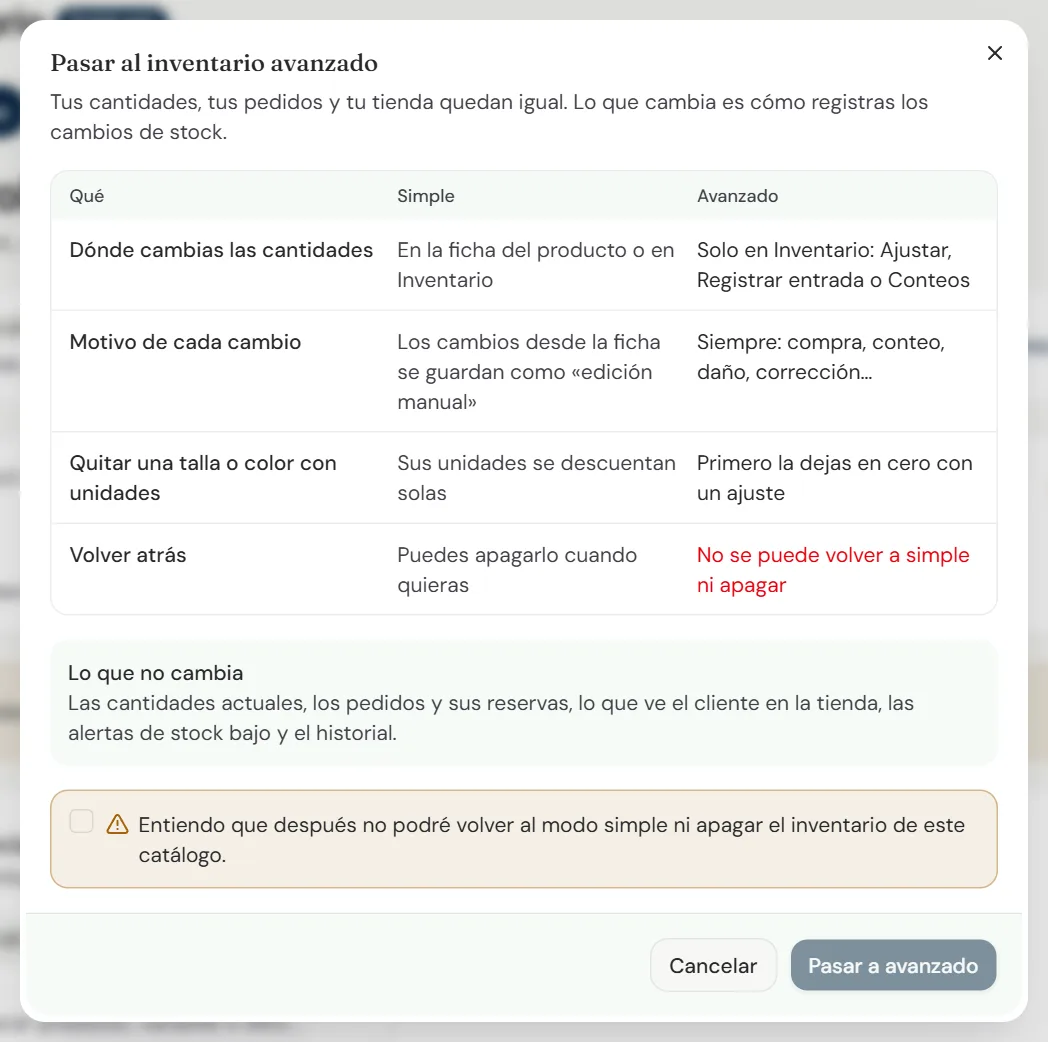Diálogo Pasar al inventario avanzado con la comparación entre simple y avanzado, lo que no cambia y la casilla de confirmación