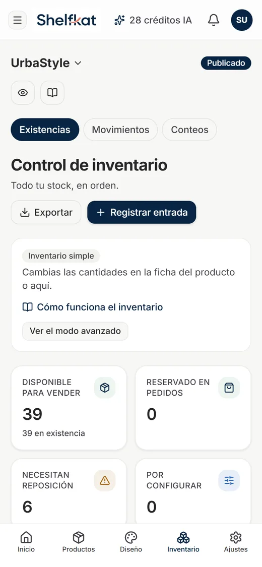 Inventario en el celular con la franja Inventario simple, las tarjetas y el botón Inventario en la barra inferior