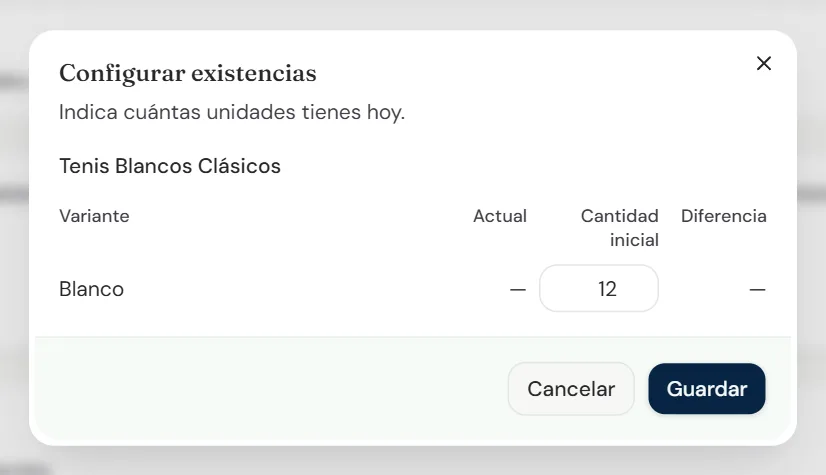 Diálogo Configurar existencias con la cantidad inicial 12