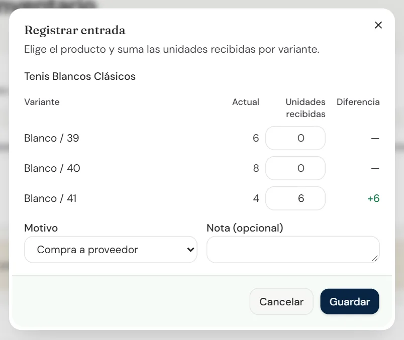 Diálogo Registrar entrada con las tallas 39, 40 y 41: 6 unidades recibidas de la 41, la diferencia +6 y el motivo Compra a proveedor