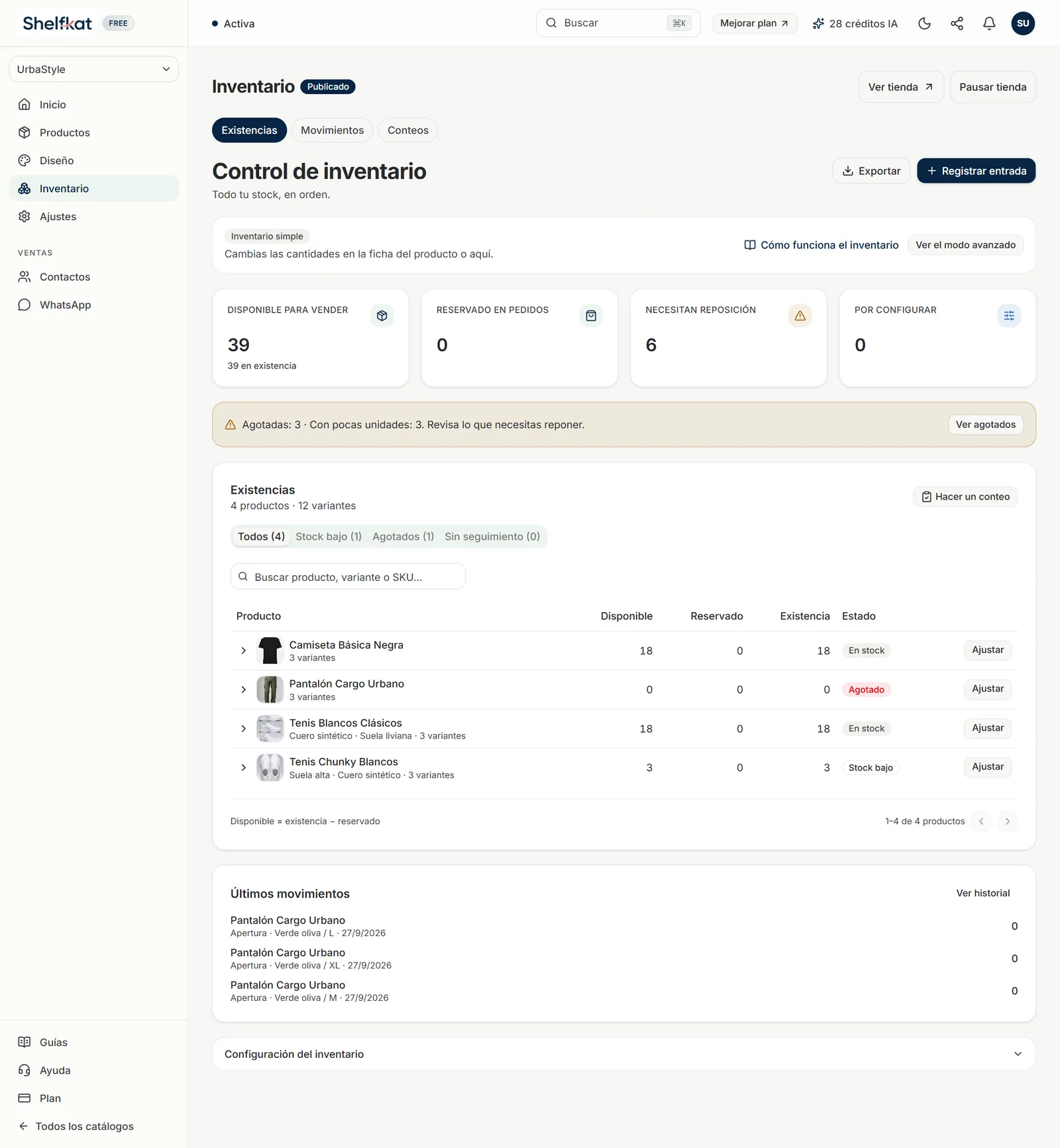 Pantalla Inventario con las tarjetas Disponible para vender, Reservado en pedidos, Necesitan reposición y Por configurar, el aviso de reposición y la tabla de productos