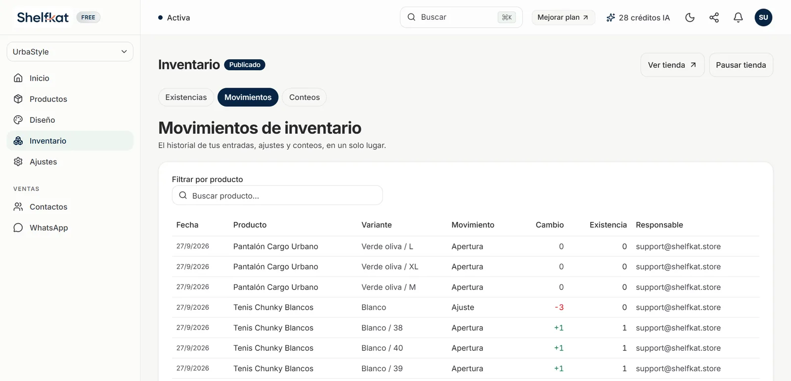 Pestaña Movimientos con fecha, producto, variante, tipo de movimiento, cambio, existencia y responsable
