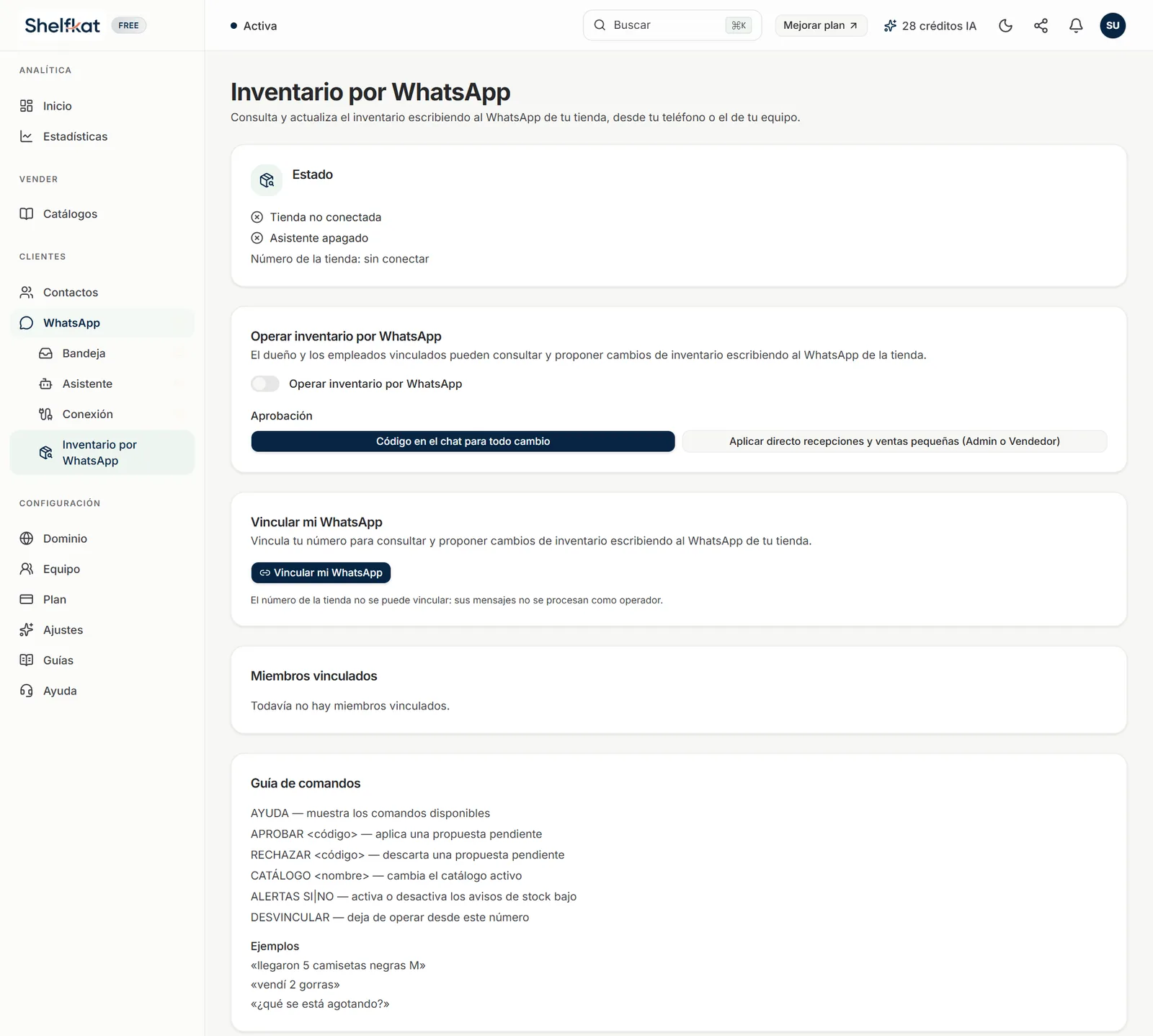 Página Inventario por WhatsApp con el estado, el interruptor, la aprobación, Vincular mi WhatsApp, los miembros vinculados y la guía de comandos