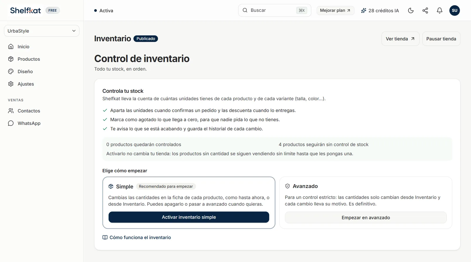 Pantalla Controla tu stock con los beneficios, cuántos productos quedarán controlados y las opciones Simple y Avanzado