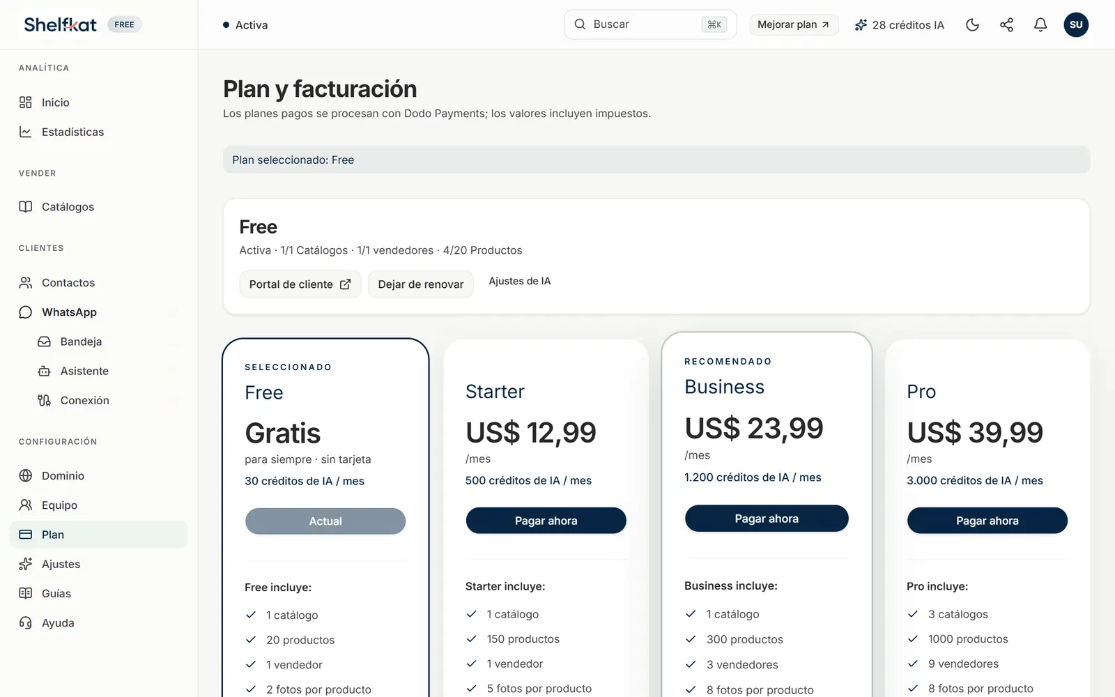 Página Plan y facturación con el plan Free seleccionado y los planes Starter, Business y Pro