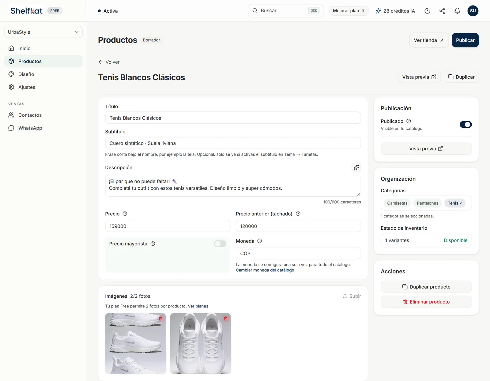 Editor del producto Tenis Blancos Clásicos con título, subtítulo, descripción, precios, imágenes y los paneles Publicación, Organización y Acciones