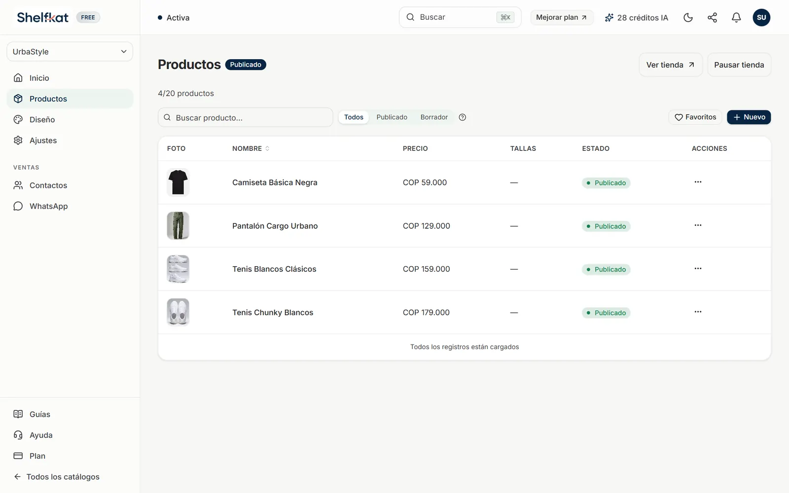 Lista de productos con foto, nombre, precio, tallas, estado y acciones