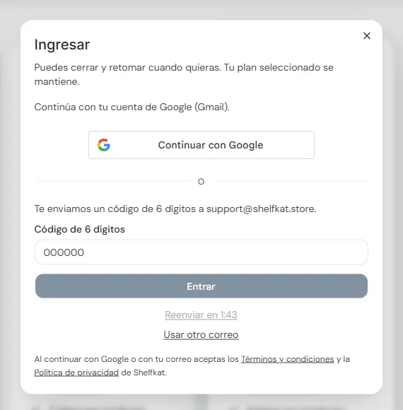 Ventana para escribir el código de 6 dígitos enviado al correo