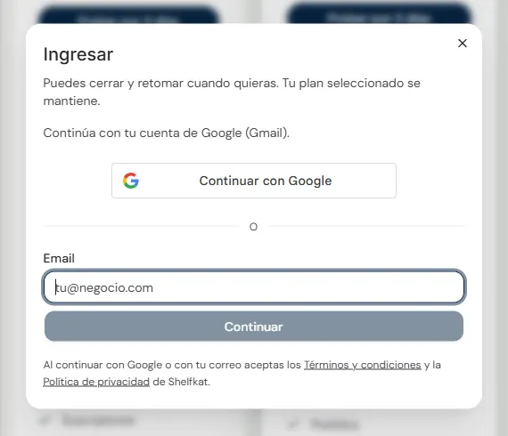Ventana Ingresar con el botón Continuar con Google y el campo Email