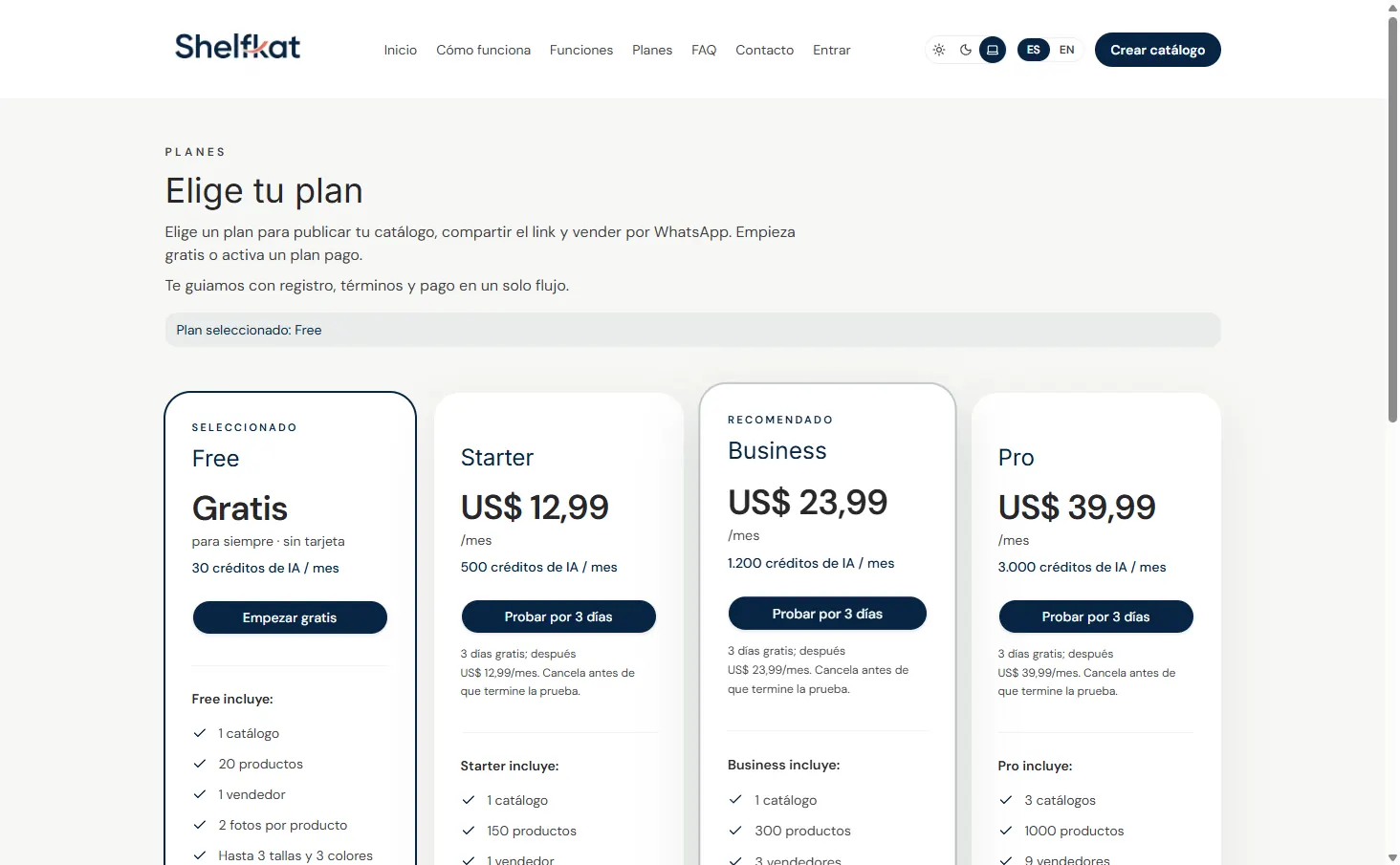 Página Elige tu plan con los planes Free, Starter, Business y Pro