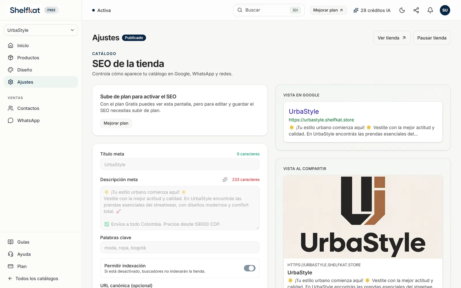 Página SEO de la tienda con el título meta, la descripción, la vista en Google y la vista al compartir