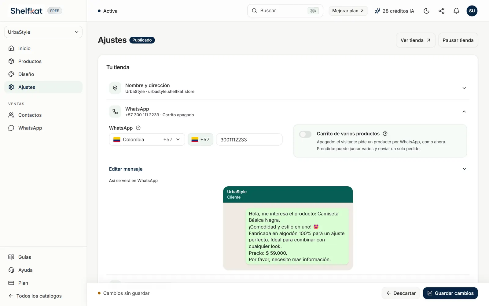 Ajustes de WhatsApp con el país Colombia, el número y la vista previa del mensaje de un producto
