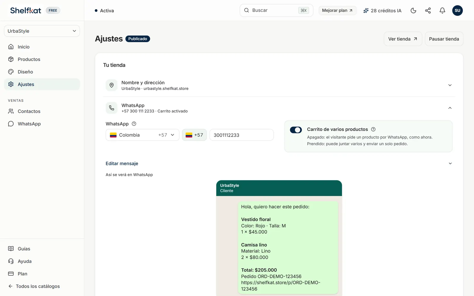 Ajustes de WhatsApp con el carrito de varios productos prendido y la vista previa de un pedido con total